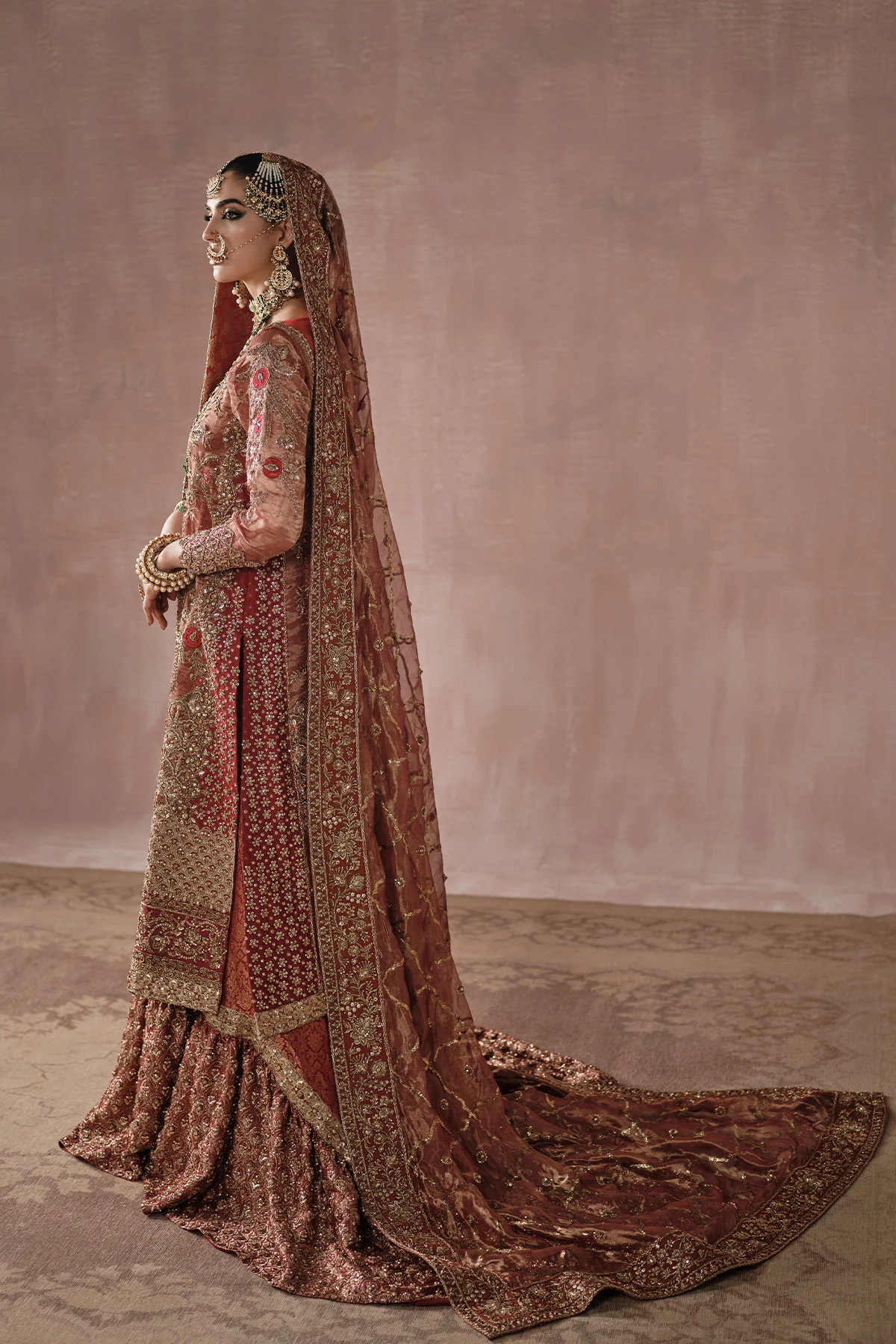 Classic Red and Gold Farshi Gharara Bridal (D-03) - Image 3